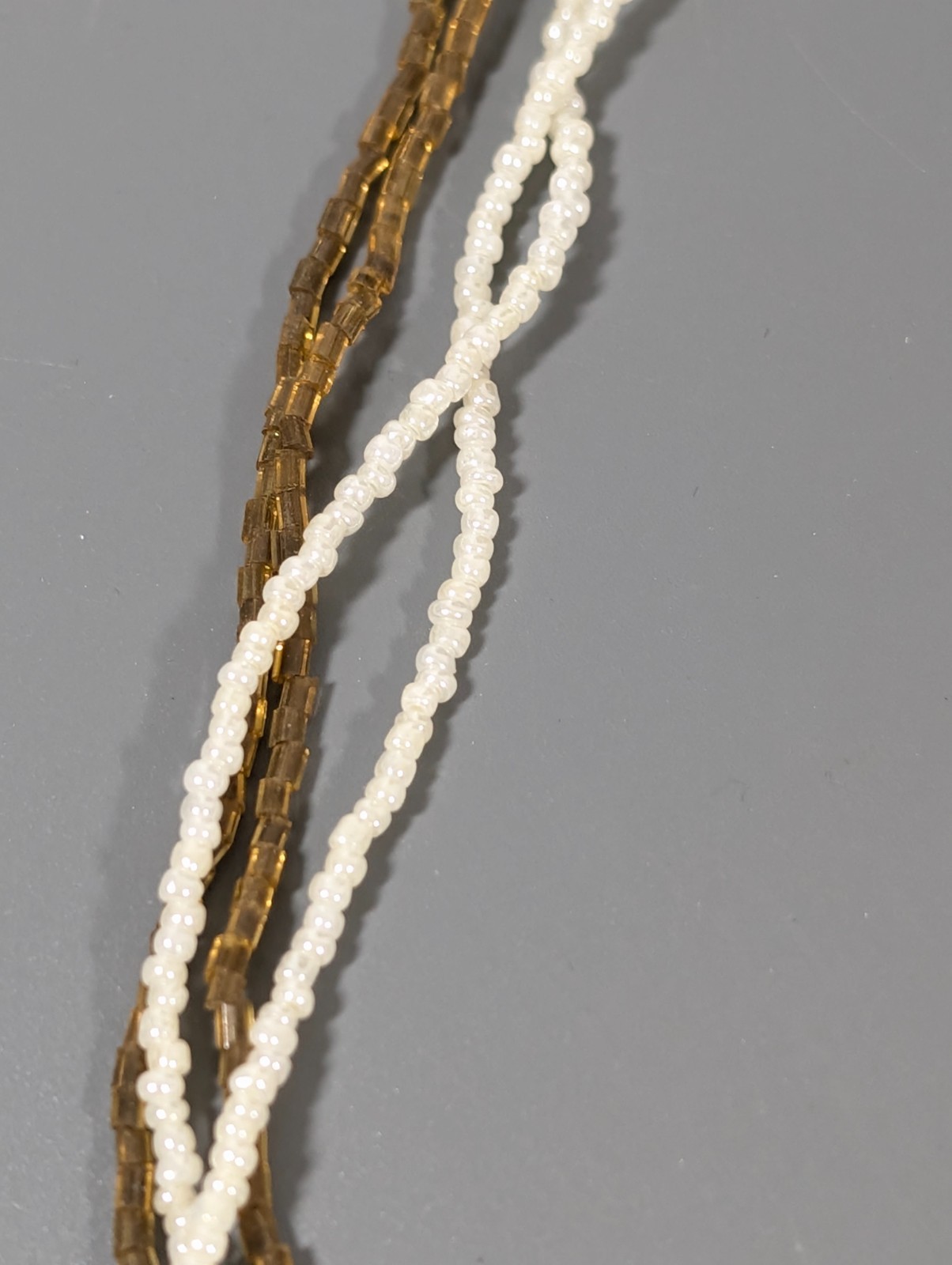 White Brown Glass Bead Multi Strand Necklace Beachy Boho Coastal 20 in