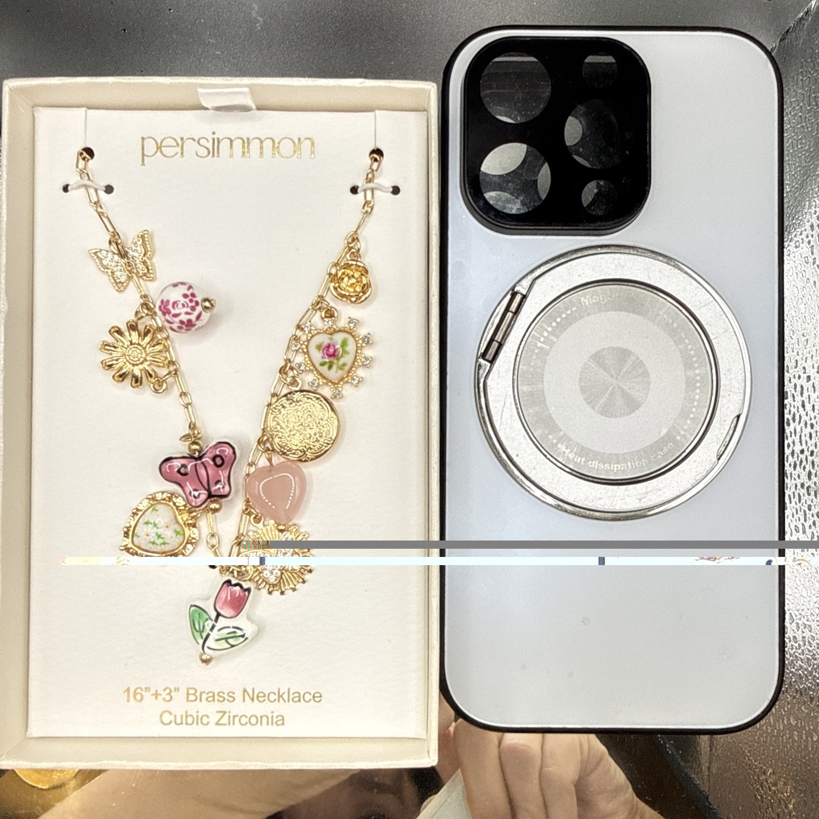 Persimmon Botanical Charms Necklace – Gold-Tone Brass & Cubic Zirconia 16″ + 3″