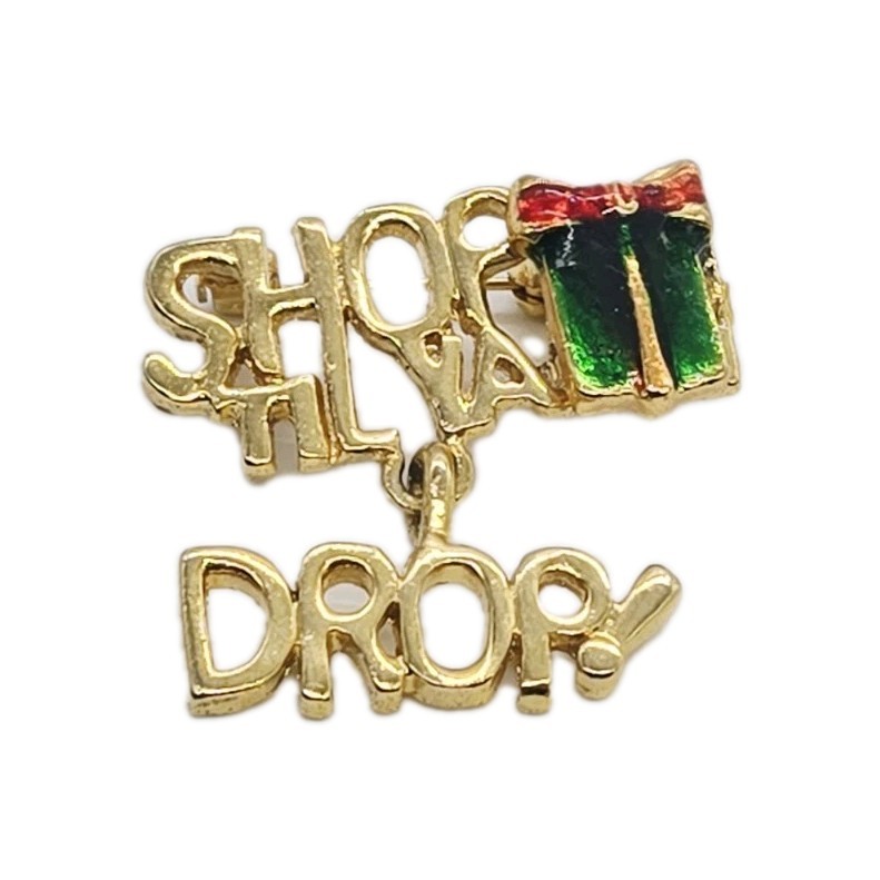 Shop Till you Drop Charm Brooch Gold Tone Enamel Holiday Christmas Pin Jewelry