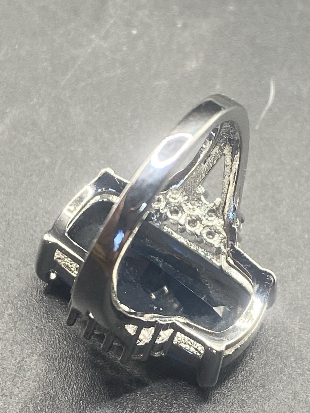 Cocktail Ring Elongated radiant cut blue sapphire & cz split shank Sterling 6.5￼