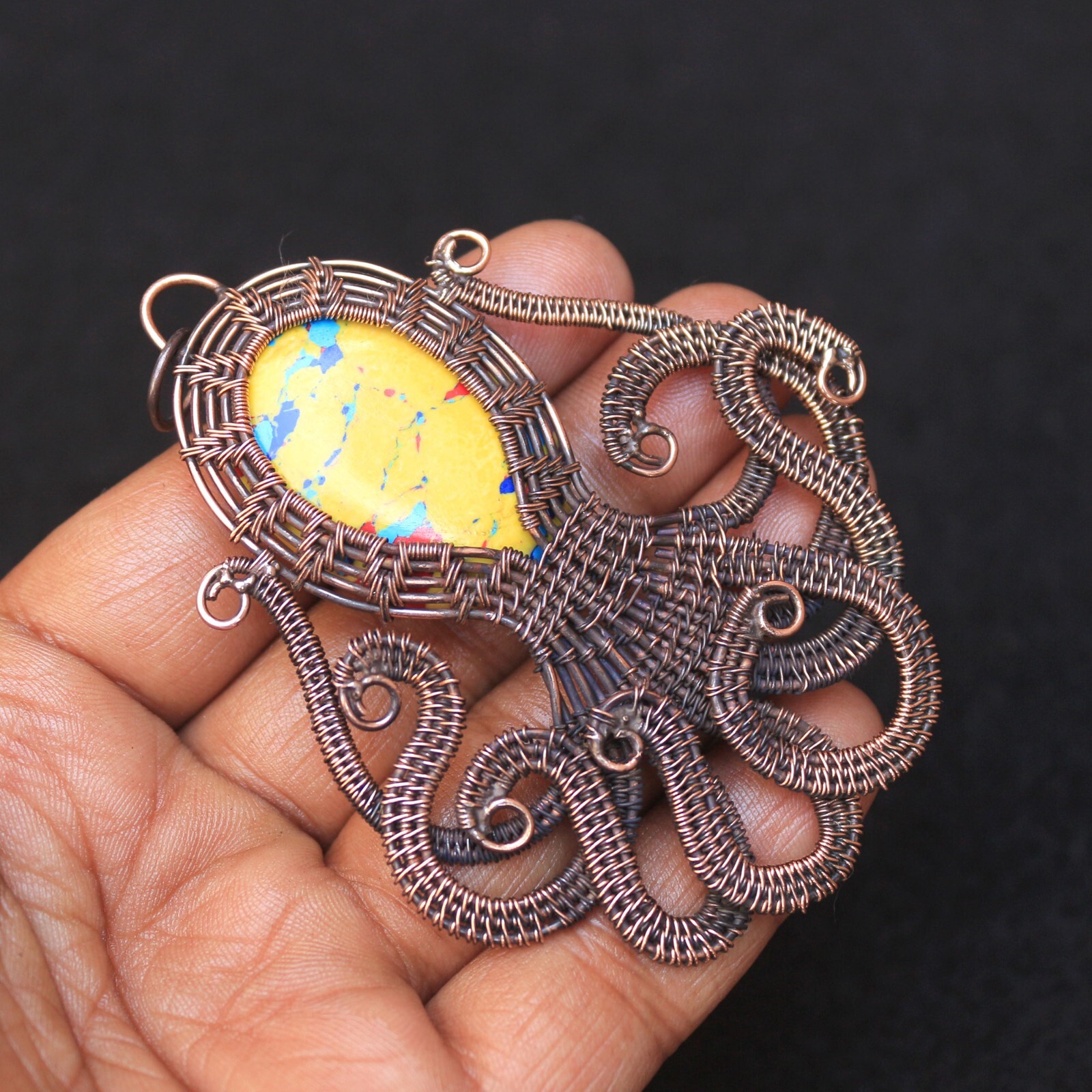 Octopus Gift Pendant Yellow Turquoise Copper Wire Wrap Gemstone Jewelry N331