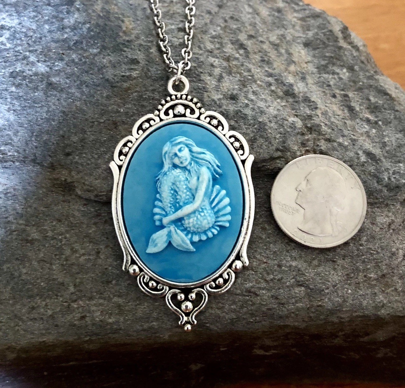 Lrg Mermaid Ocean Aqua Blue Cameo Necklace, Silver, Fantasy & Sea Life Pendant