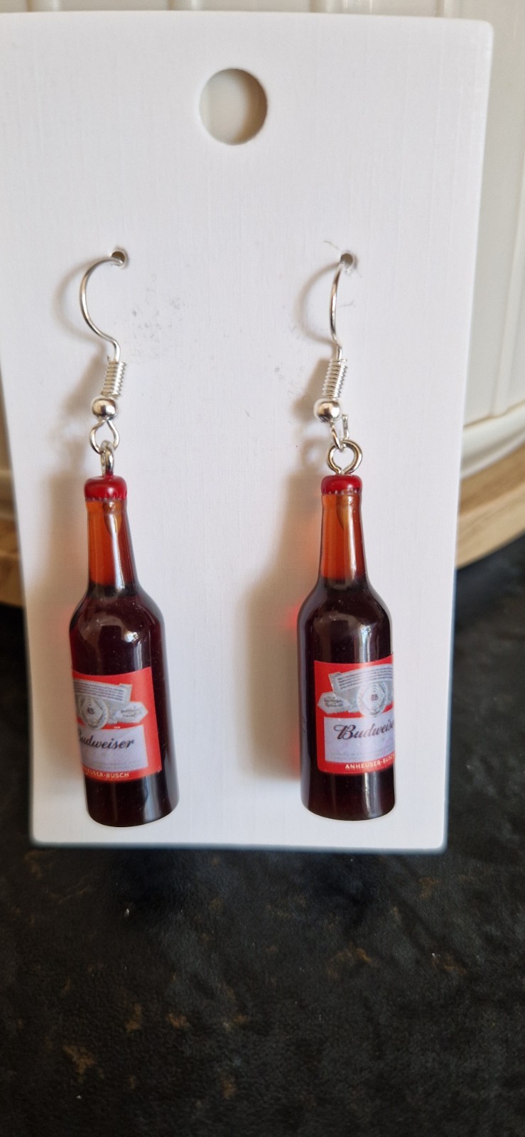 Silver Budweiser Beer Bottle Earrings In Organza Gift Bag