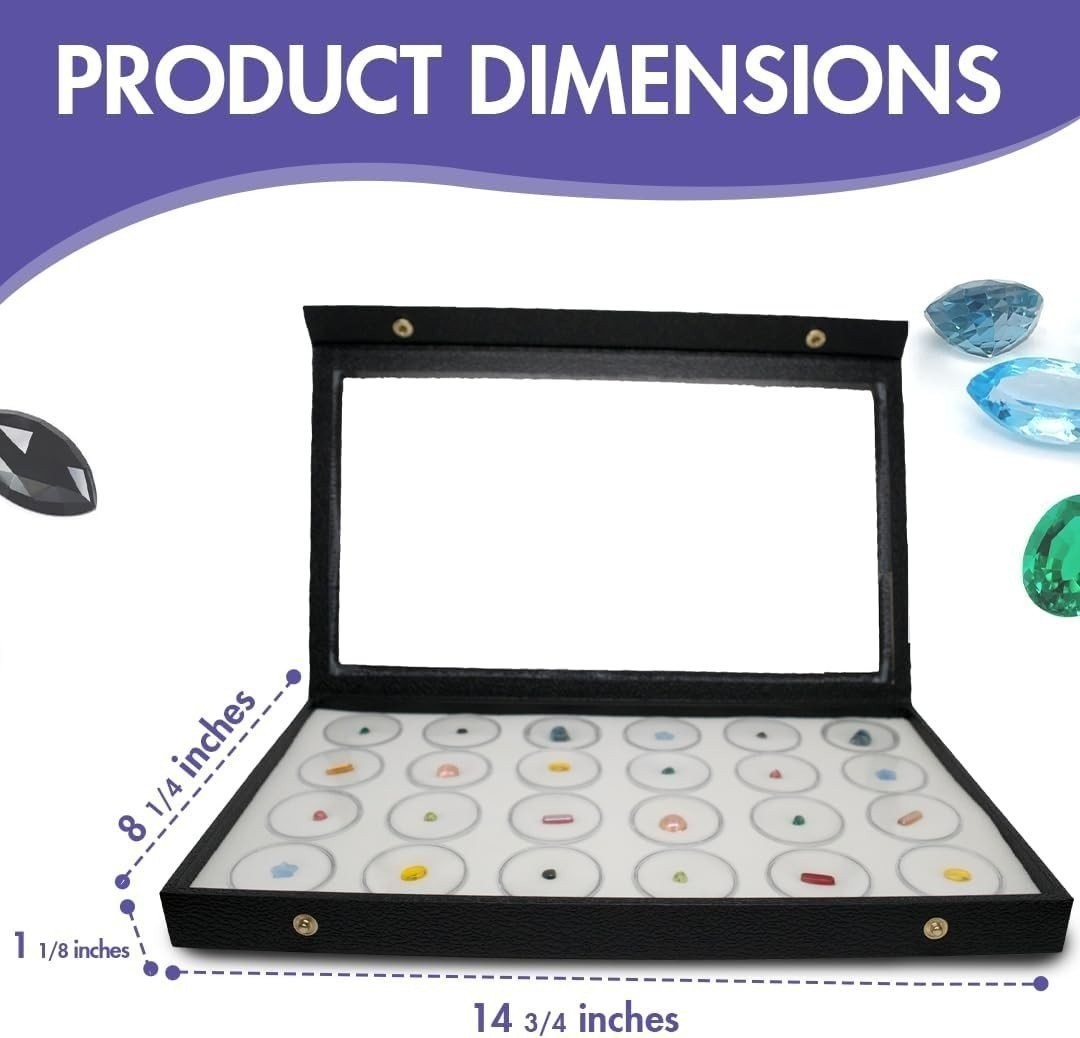 Large Jewelry Display Case 14.75×8.25 + 24 Gem Jars Clear Lid White Foam Tray