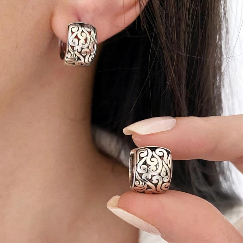 Fashion Women’s Earrings Sterling Silver Retro Filigree Oriental Huggie
