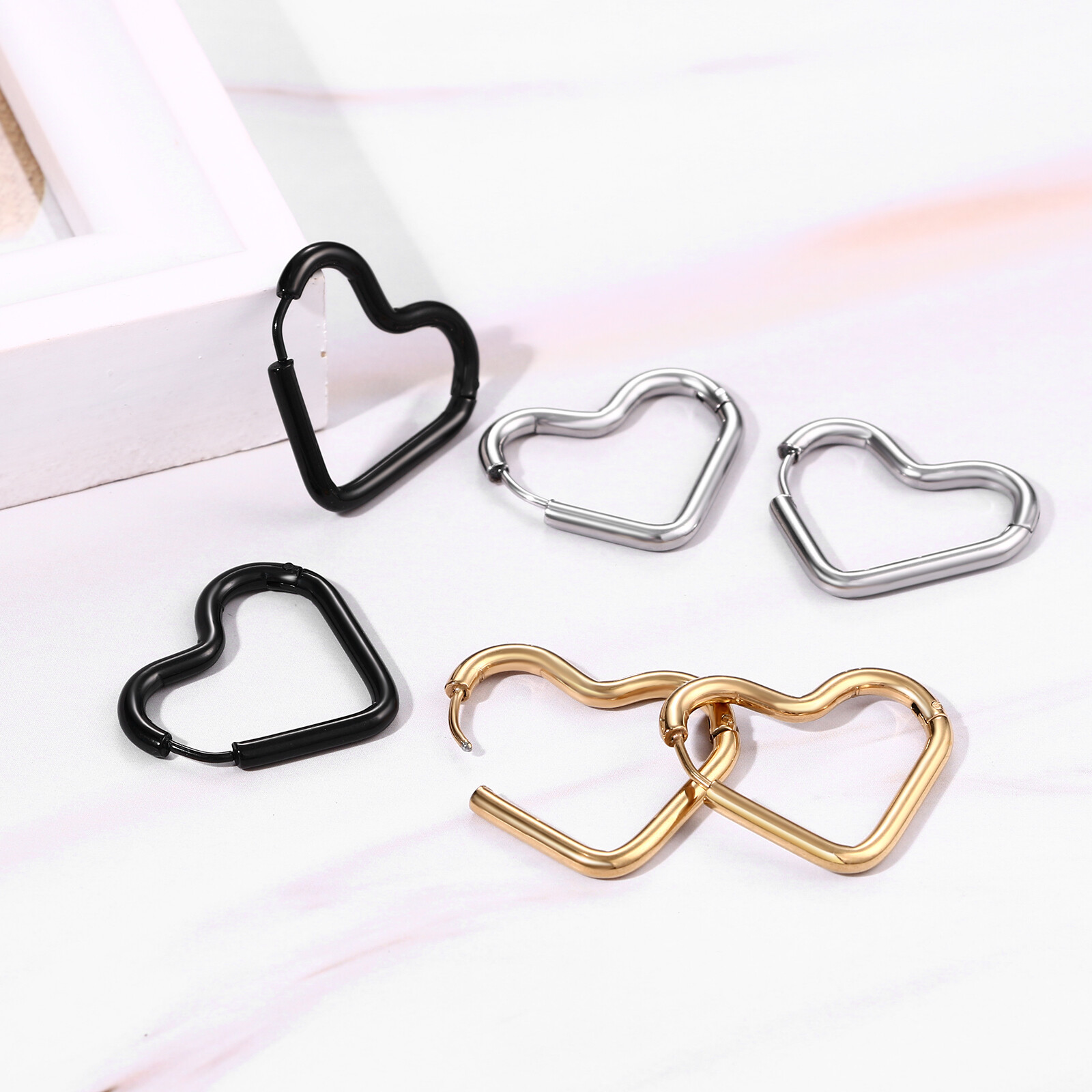 Women Glossy Heart Hoop Earrings Pierced Stud Stainless Steel Hypoallergenic 18G
