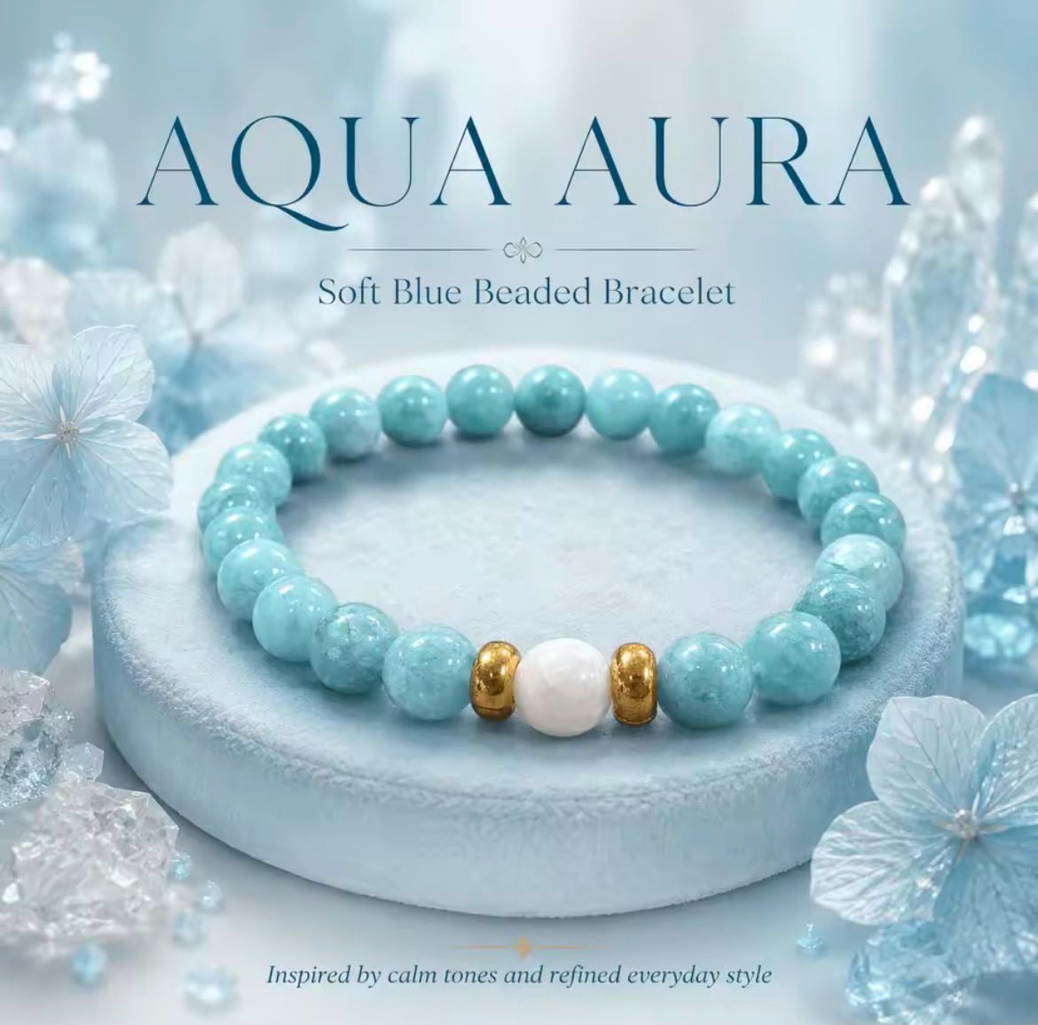 Glossy Aqua Blue Marble Pattern Bead Stretch Bracelet Women Girls Jewelry