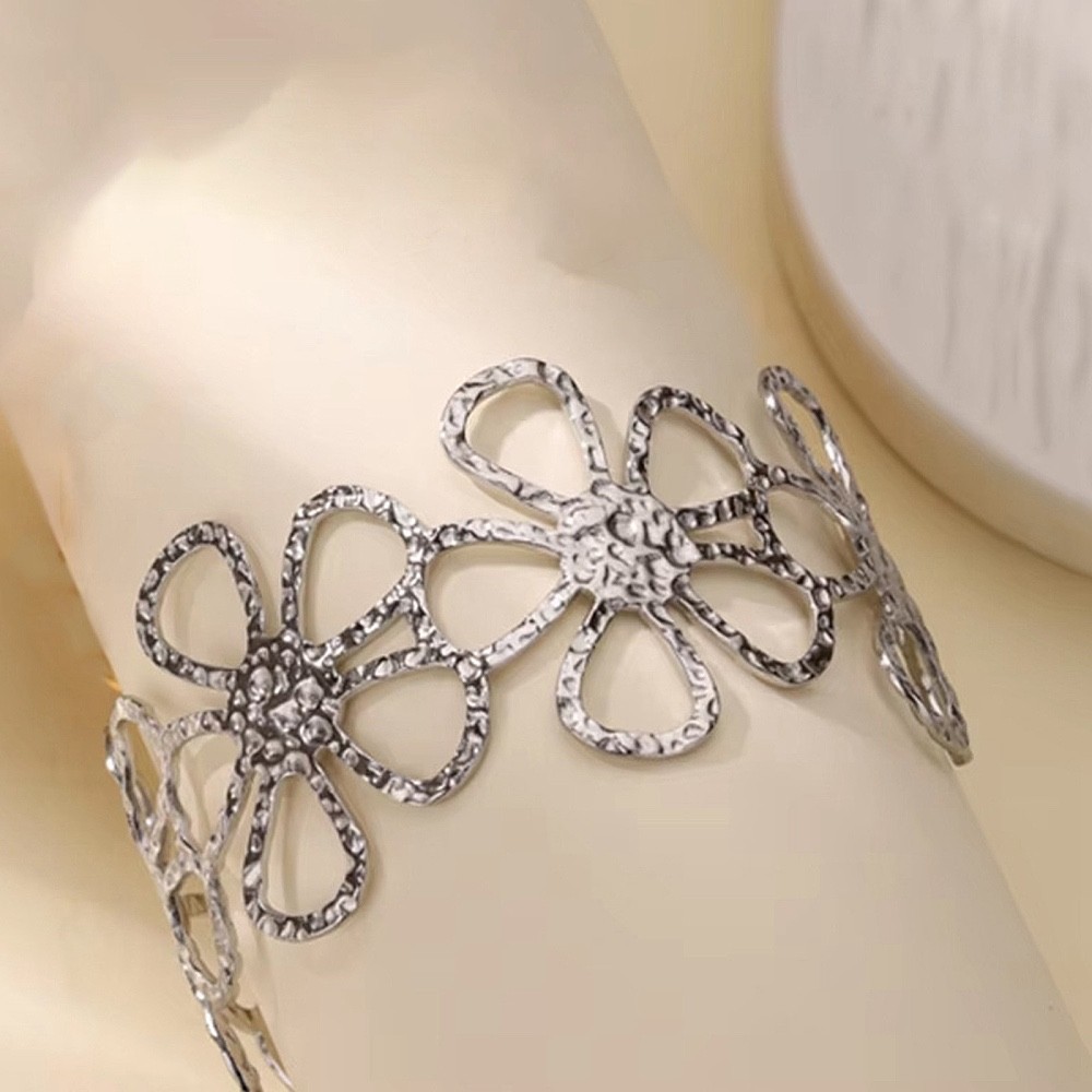 Stainless Steel Floral Open Cuff Bracelet Silver Tone Hammered Statement Jewelry