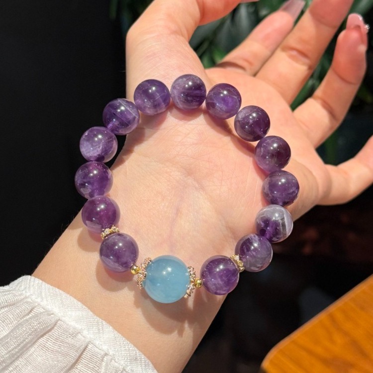 12mm Natural Amethyst and Aquamarine Original Design Handmade Bracelet