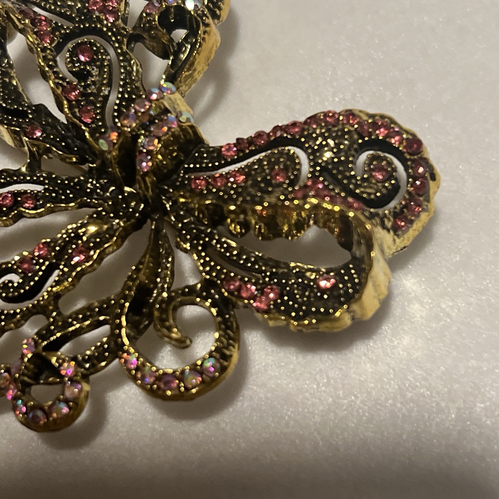 Pink Antique Gold Metal Bow Brooch Pink Rhinestones