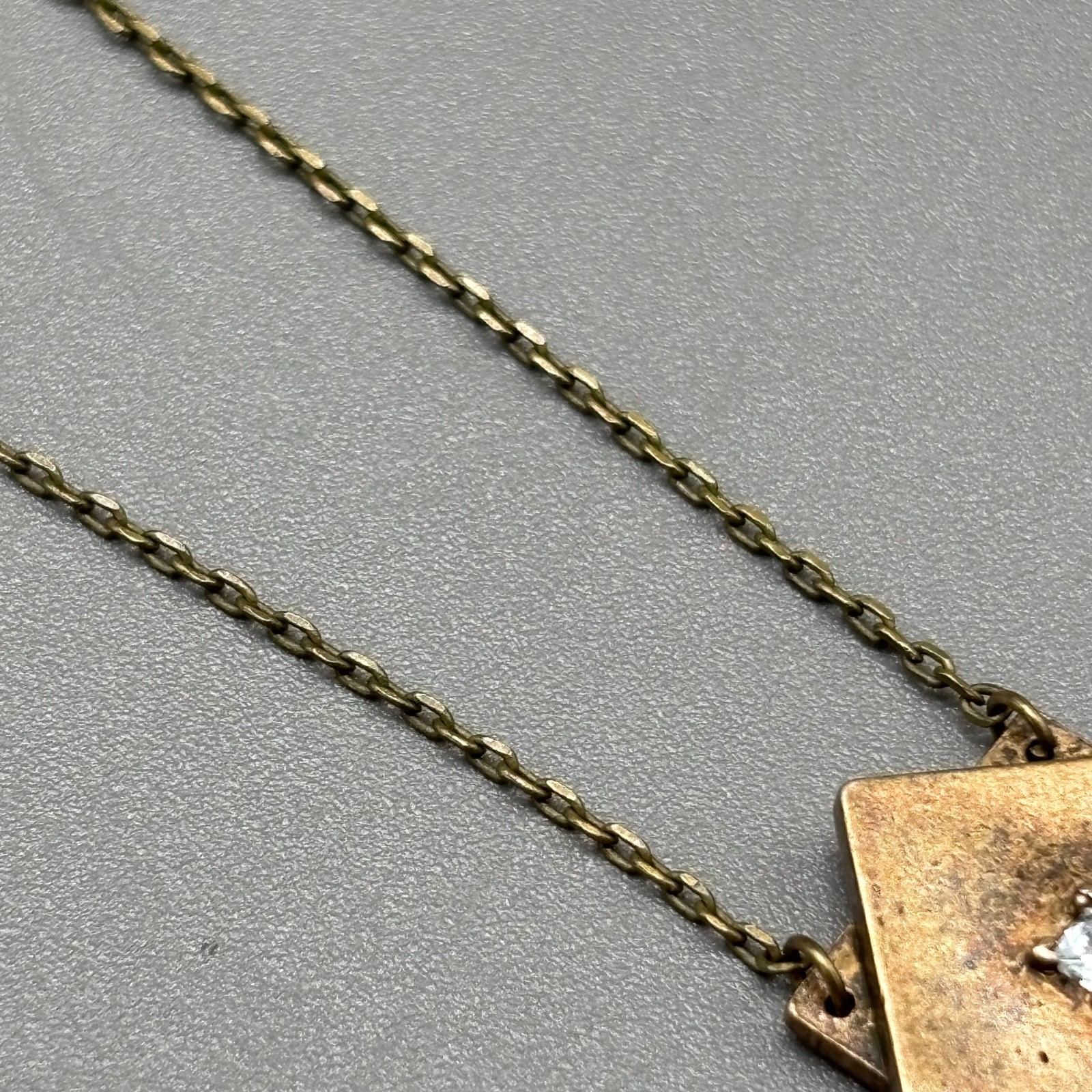 Geometric Square Pendant Necklace Brass Tone Crystal Accent Minimalist 20″