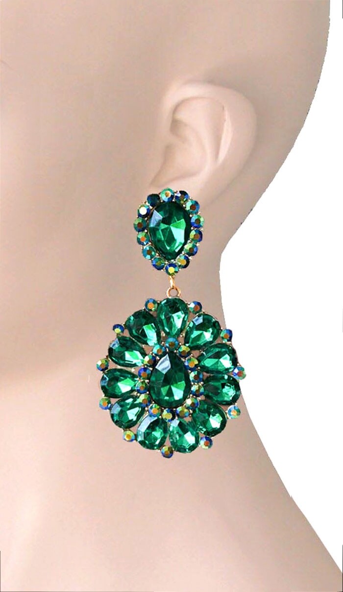 3.25″ Long Cluster Clip On Earrings Forest Green Rhinestones Drag Queen Pageant