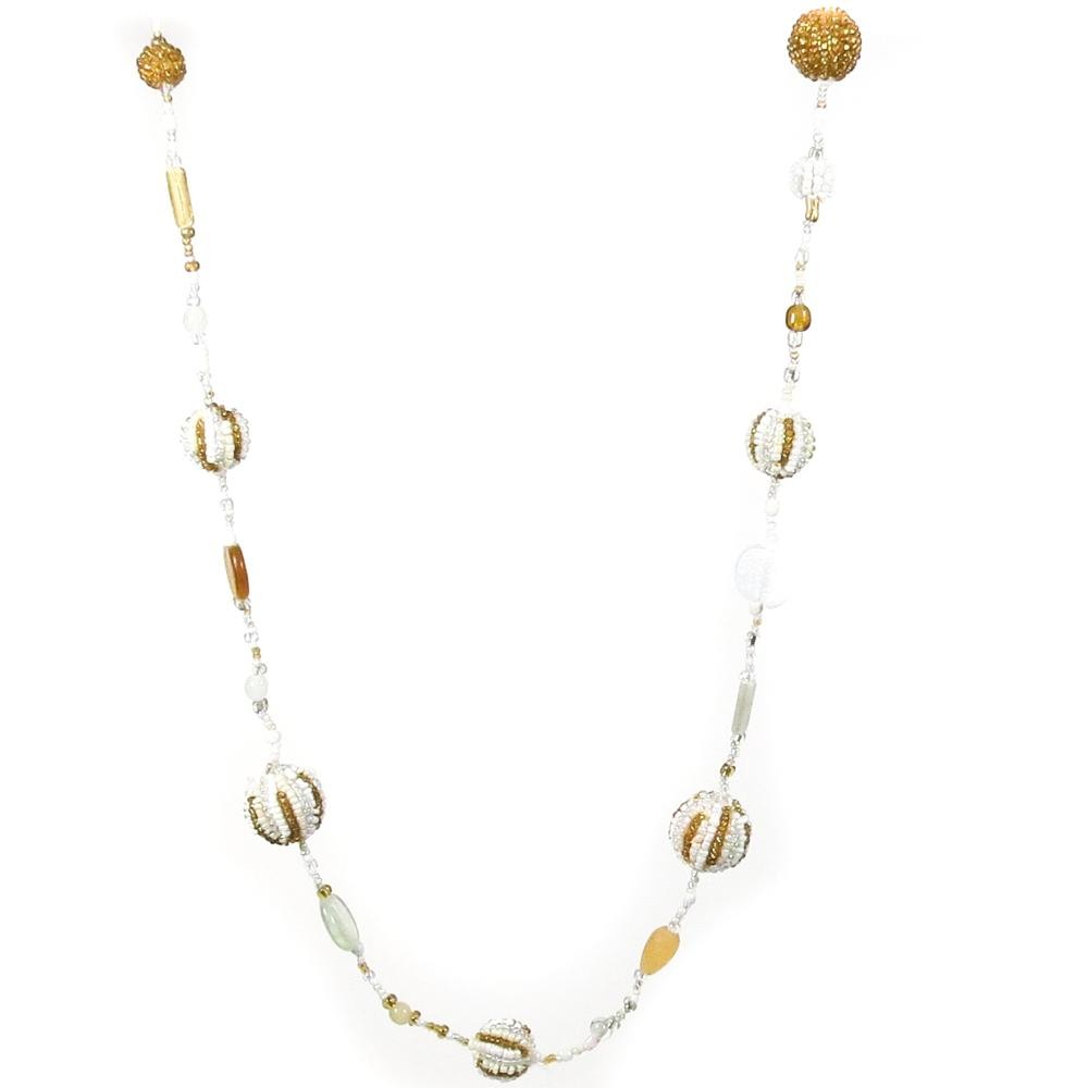 Handmade White Gold Cream Ceramic And Glass Seed Beads Ball Necklace, 44″