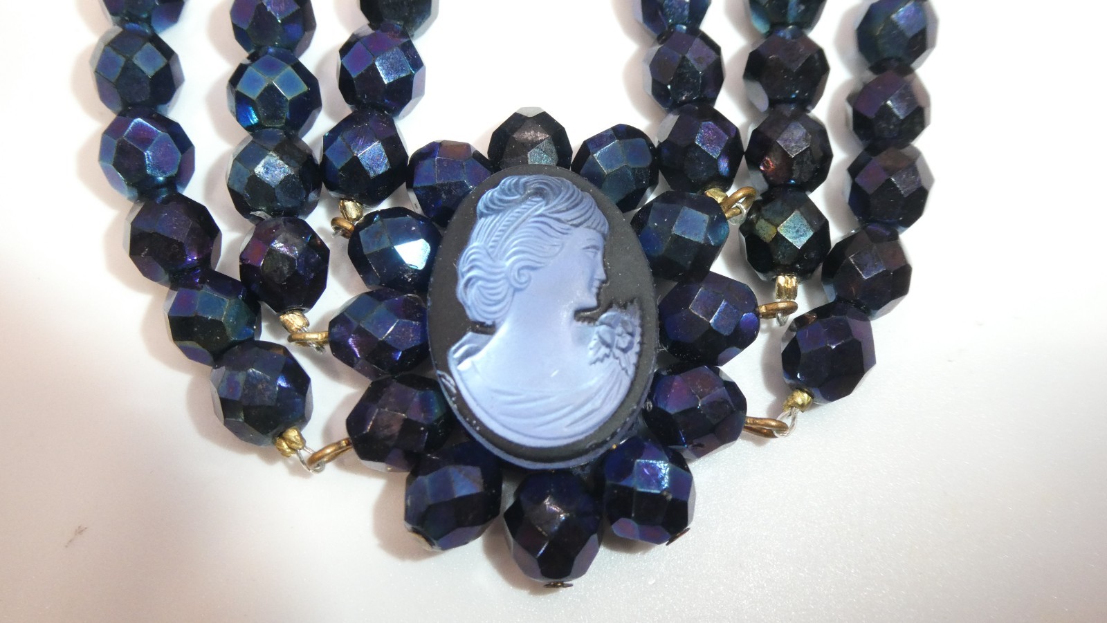 Vtg Glass Cameo 3 Strand Choker Necklace Peacock Black Blue Glass Faceted Beads