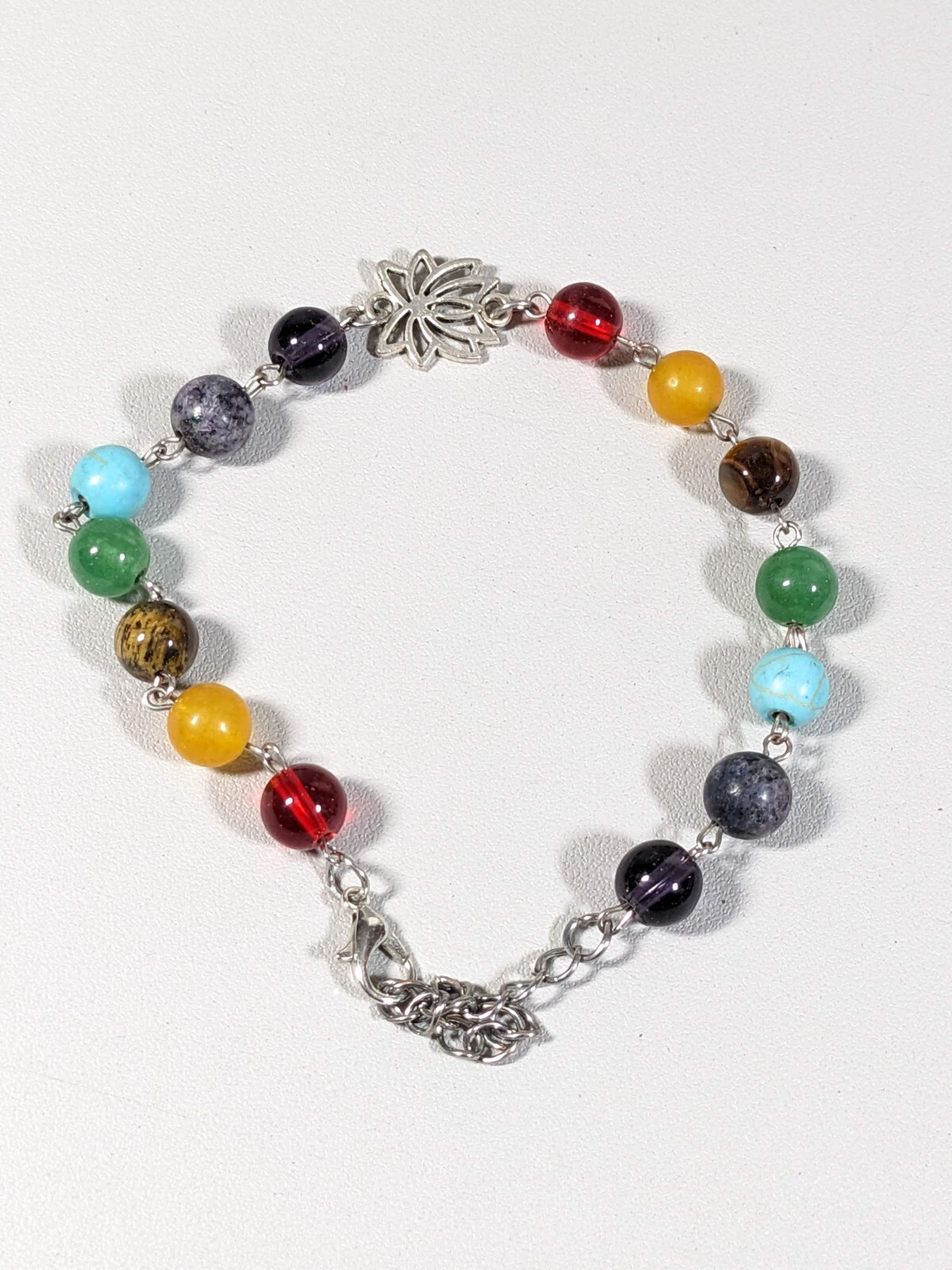 Silver Tone Lotus Flower Rainbow Stone Round Beaded Bracelet 10 inches