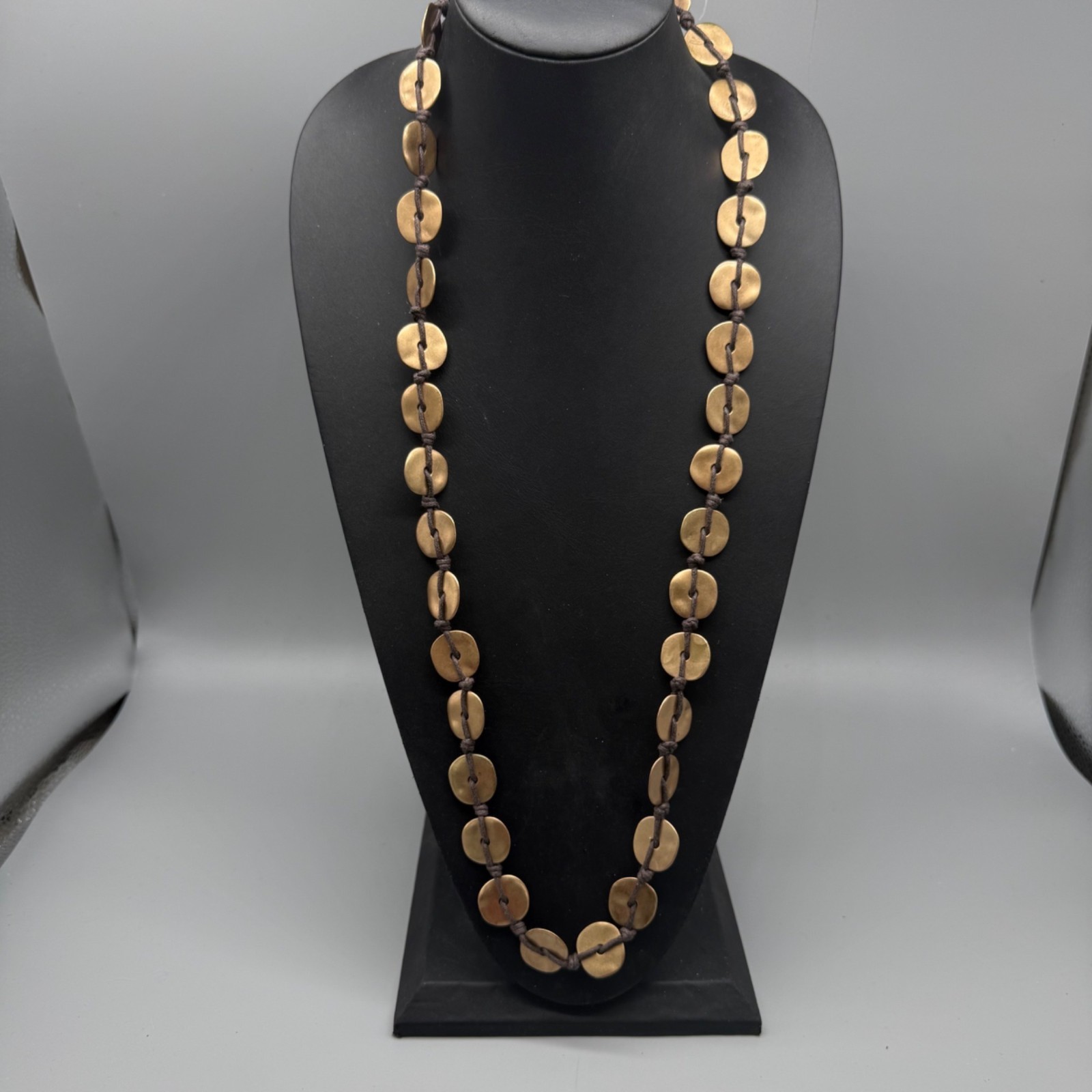 Premier Designs Long Gold Disc Necklace With Brown Cord & Clasp 38-41 Inches Adj