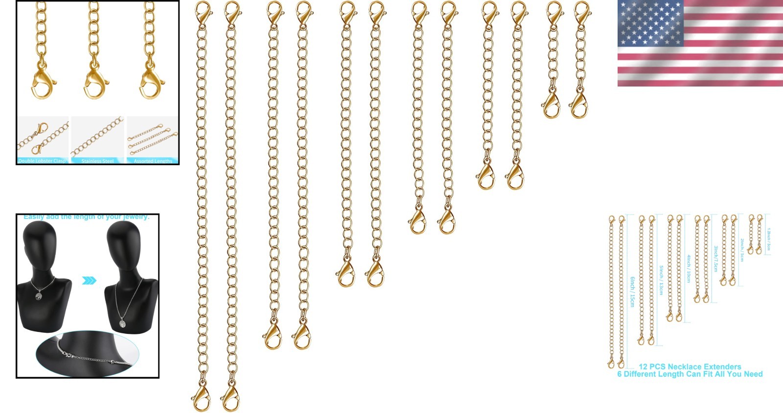 Versatile 12PCS Necklace Extenders in Gold – 1″ to 6″ Stainless Steel Chains