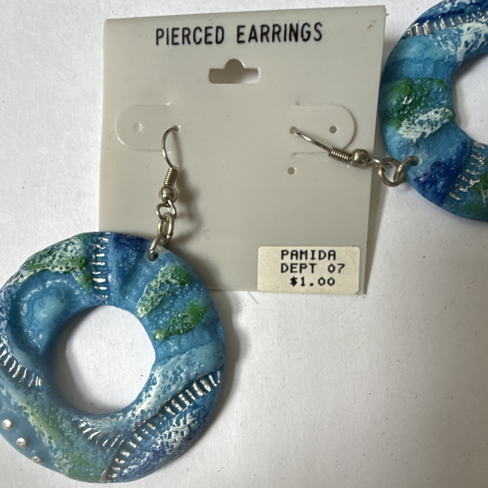 Blue Green White Round Donut Dangle Pierced Lobe Earrings Plastic Hook No Stone