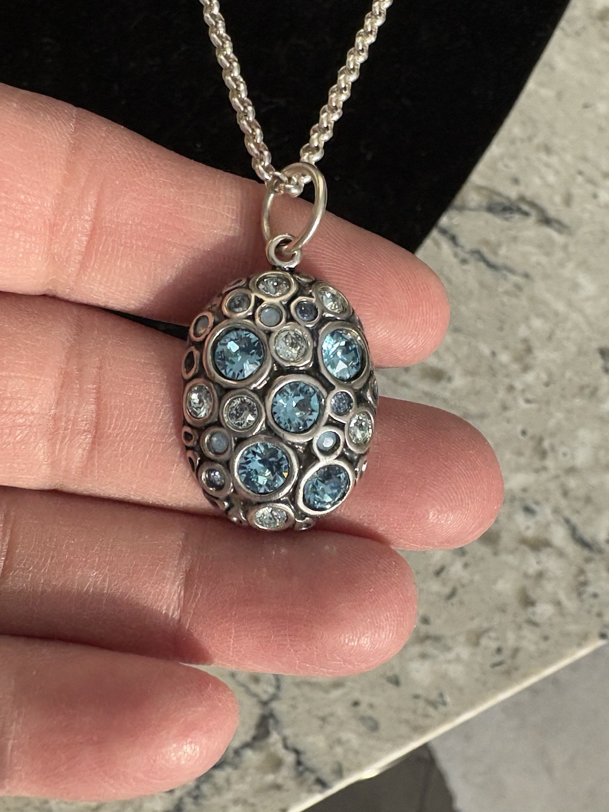 Sterling Silver Blue, White, Opal Like CZ Pendant & Necklace