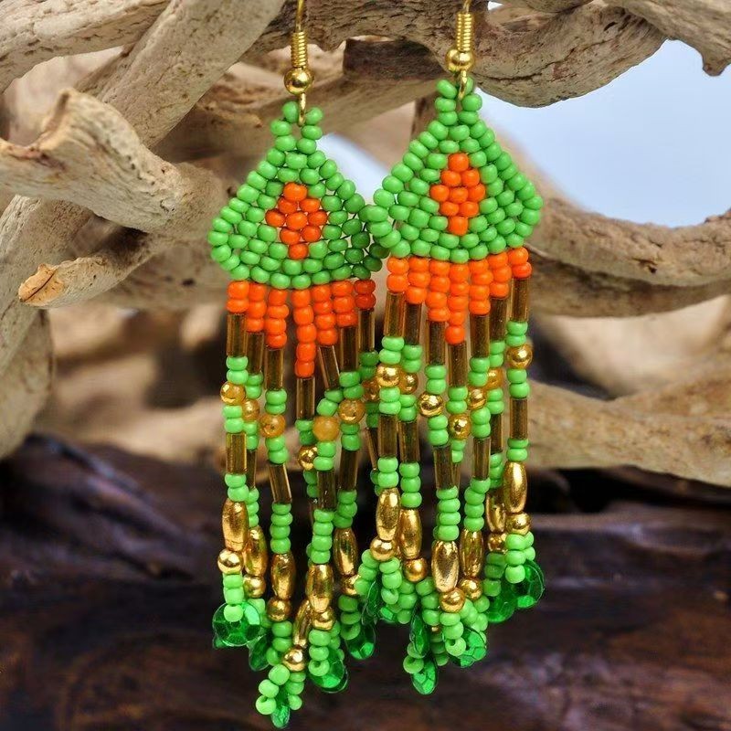 Handmade woven rice beads with tassel and tube earrings