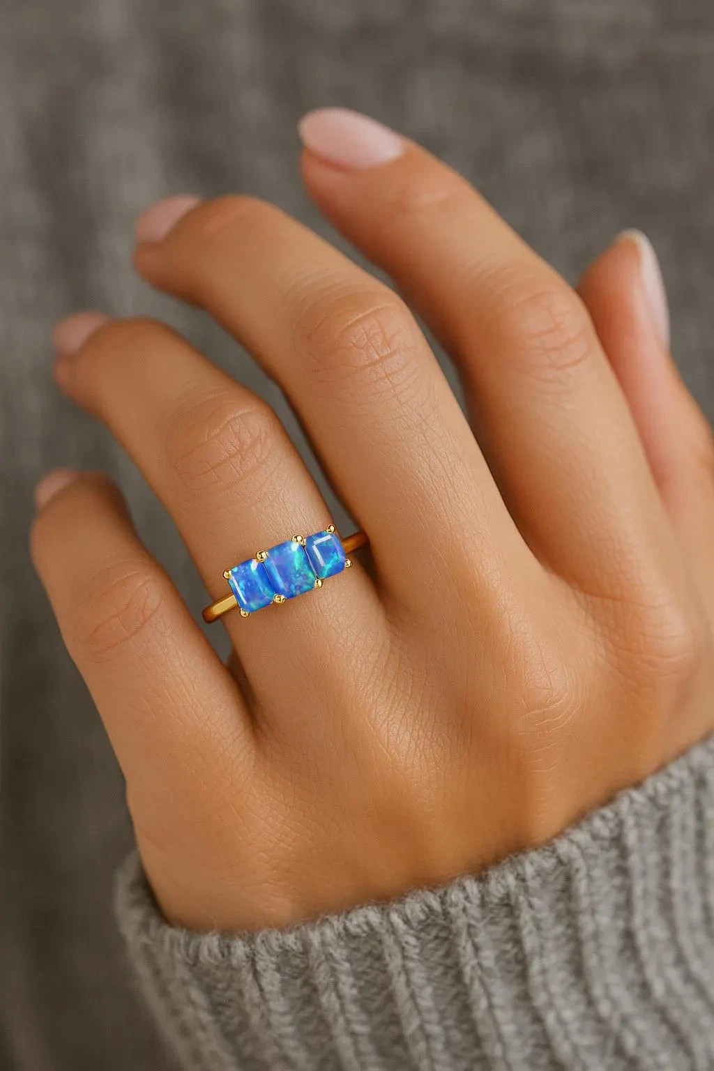 Ethiopian Fire Blue Opal Gemstone Statement Ring, Genuine Opal Gemstone Gold