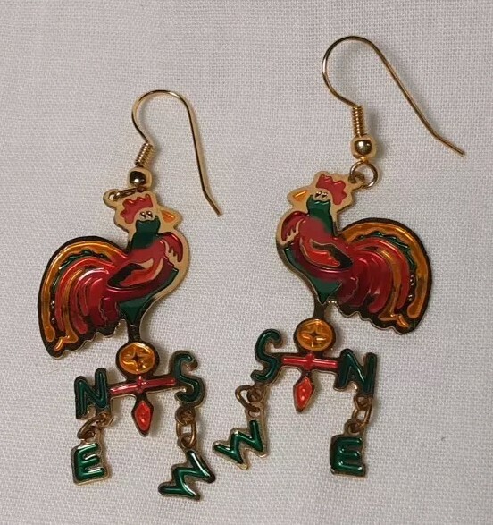 Earring Gold Tone Cloisonne Multicolor Chicken Roaster Dangle N S W E Pierce