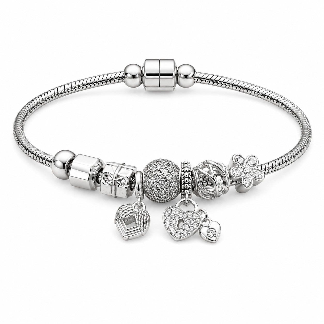 Women’s Silver Snake Chain Charm Bracelet Adjustable Dangle Heart Gift Jewelry