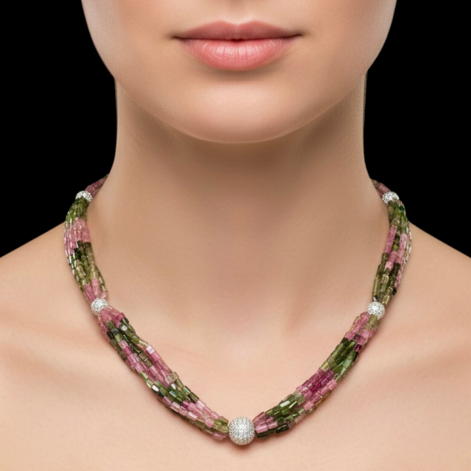 7 Strands Natural Multi Tourmaline Octagon Beads Boutique Necklace 925 Clasp