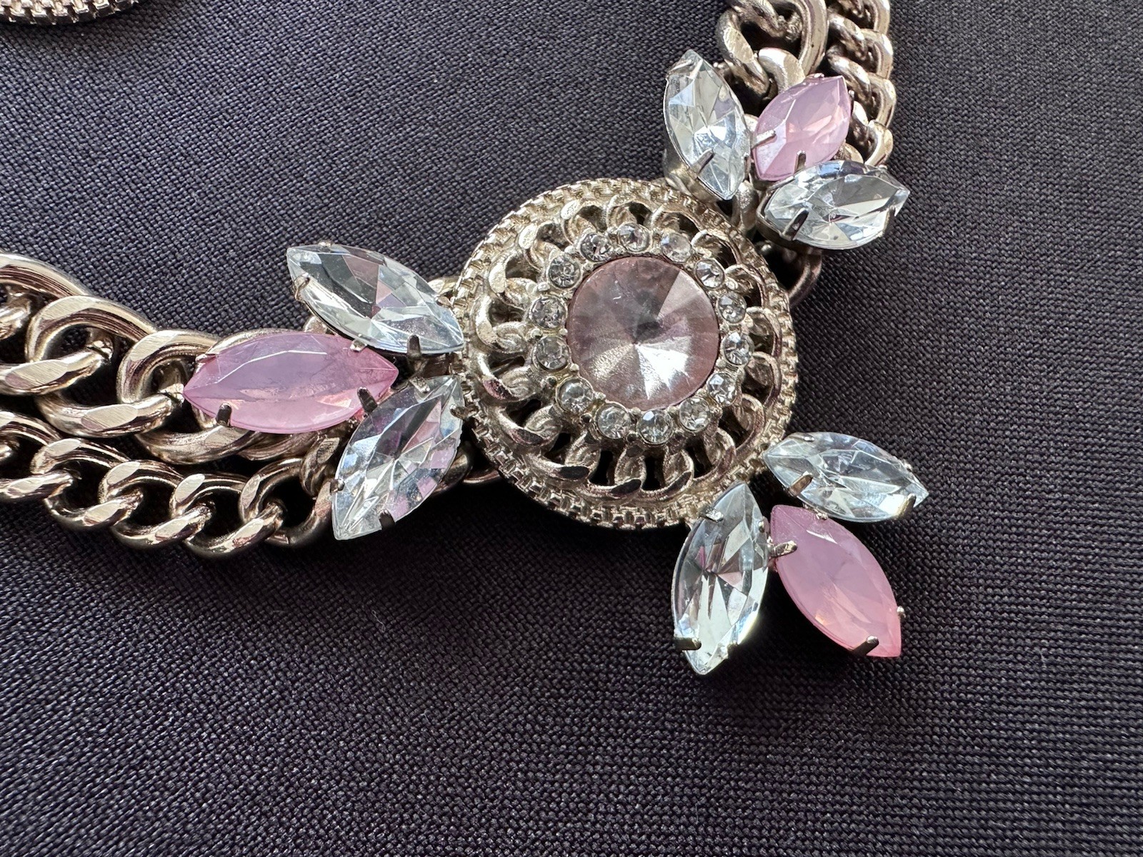 Pink Clear Acrylic Gem Chunky Gold Tone Chain Statement Necklace Earrings Set