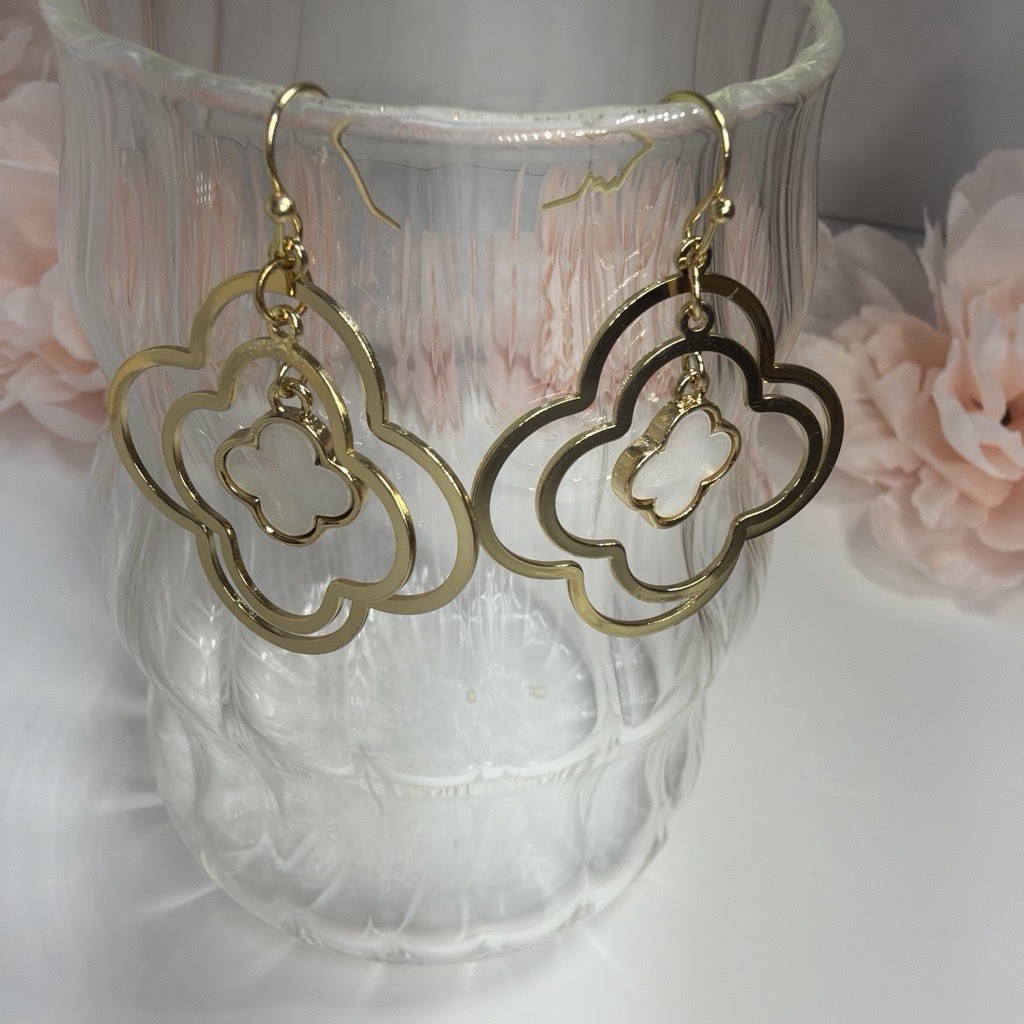 Gold Tone Mother of Pearl Dangle Drop Hook Earrings