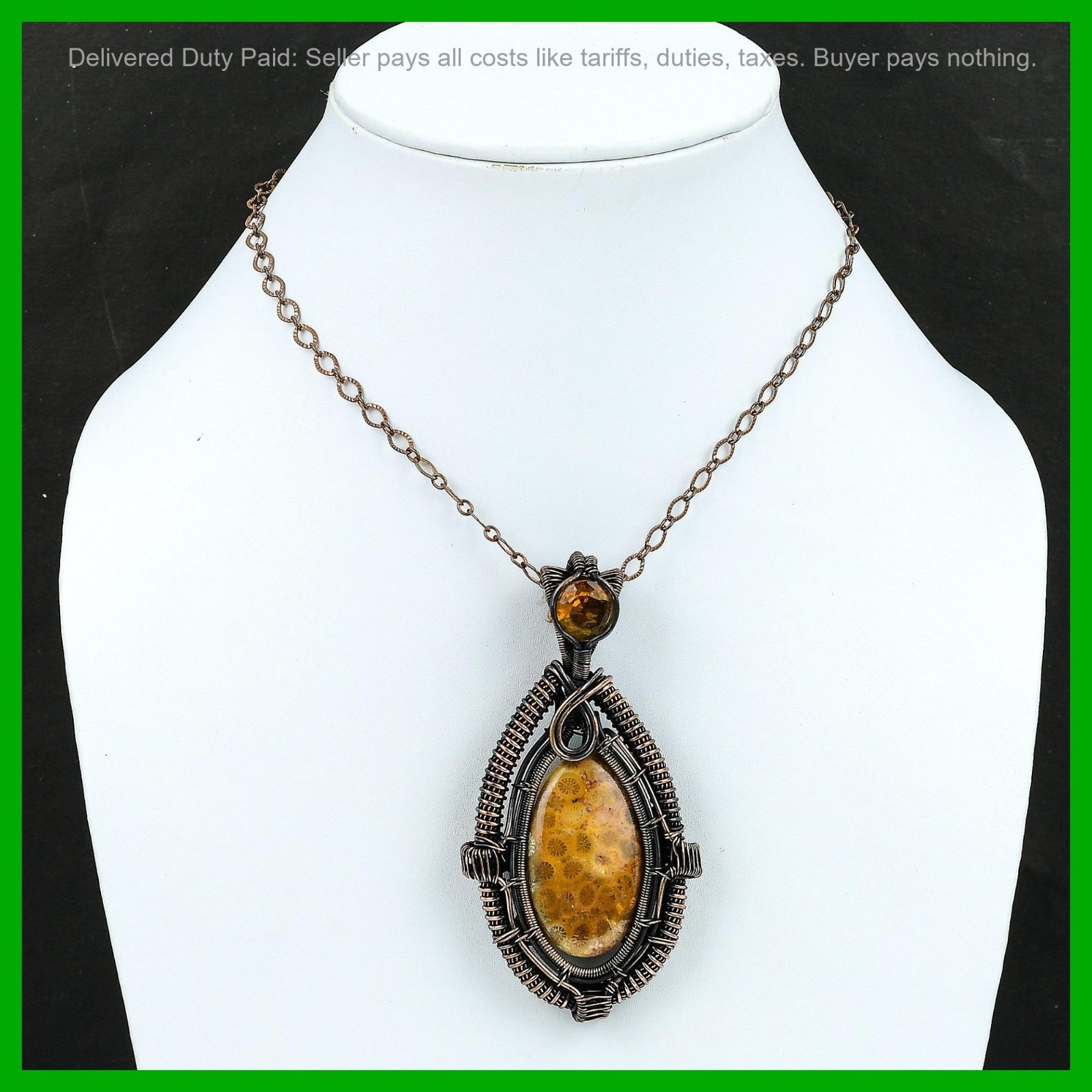 Copper Oval Fossil Coral Stone Citrine Daughter New Wire Wrapped Pendant Jewelry
