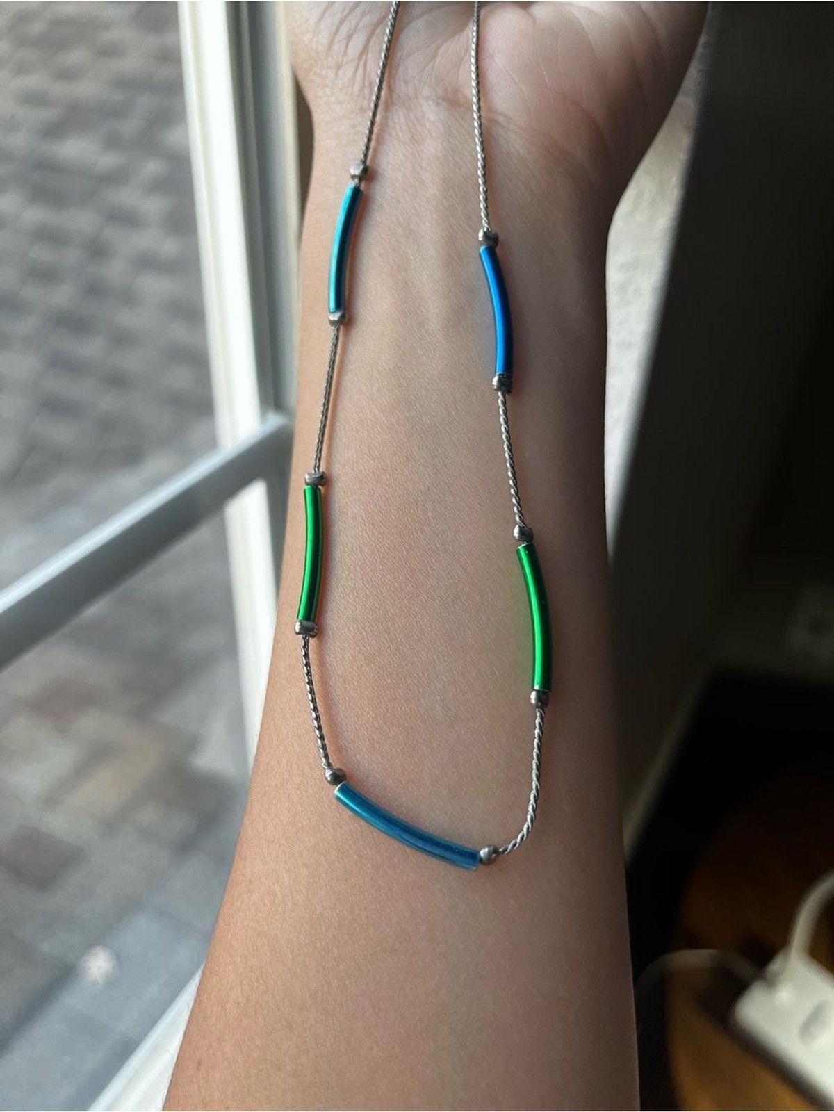 Silver Chain Necklace with Blue and Green Tube Beads – Women Jewelry
