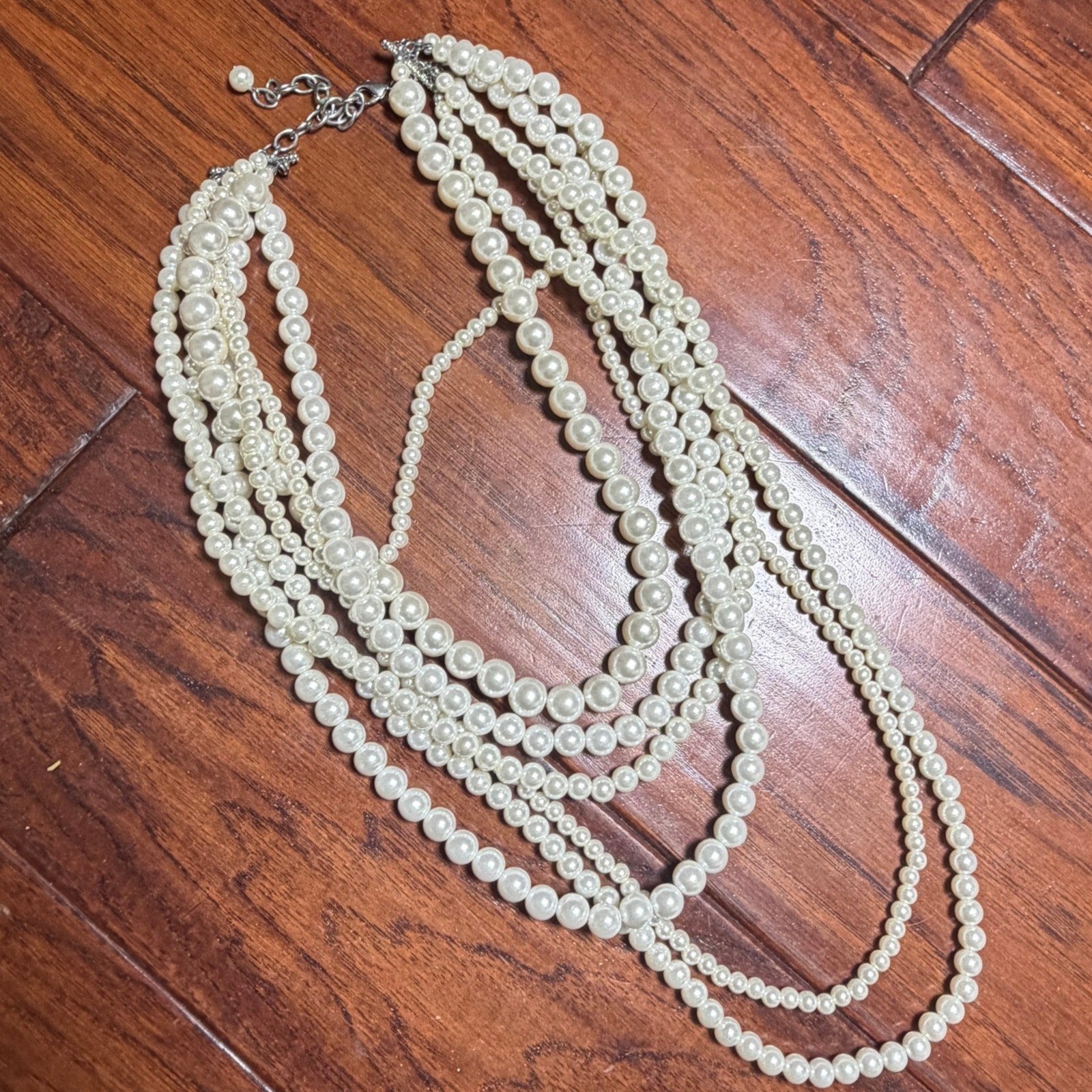 Multi Strand Faux Pearl Statement Necklace Cream White Costume Romantic