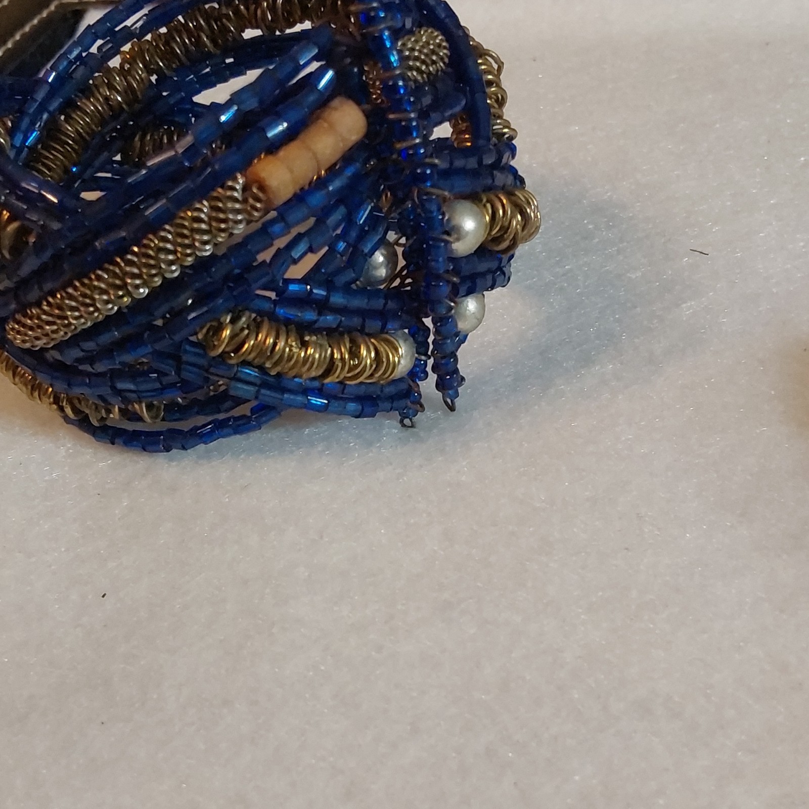 Blue Gold Tone Glass Beaded Wrap Bracelet Slip-On Metal Wire Accents