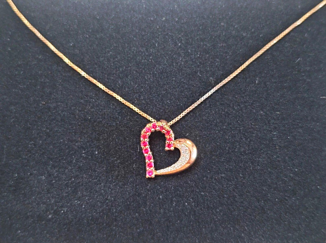 Vintage Technibond Classic 925 Silver Gold Bonded Ruby CZ Heart Necklace
