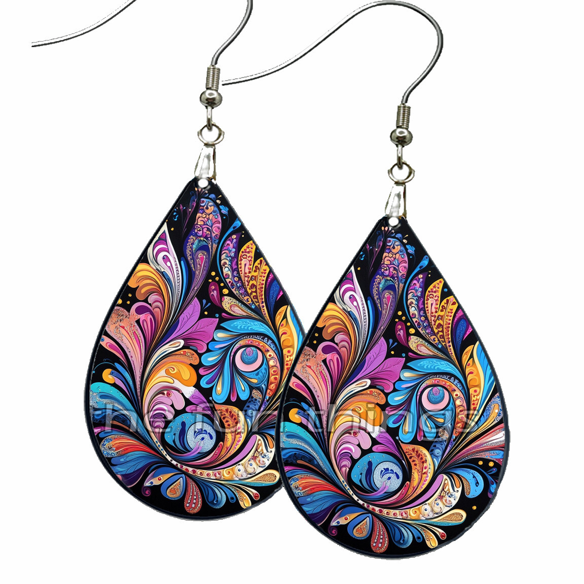 Abstract Art Bohemian Floral Swirls Print Earrings Teardrop NO TARNISH Wood