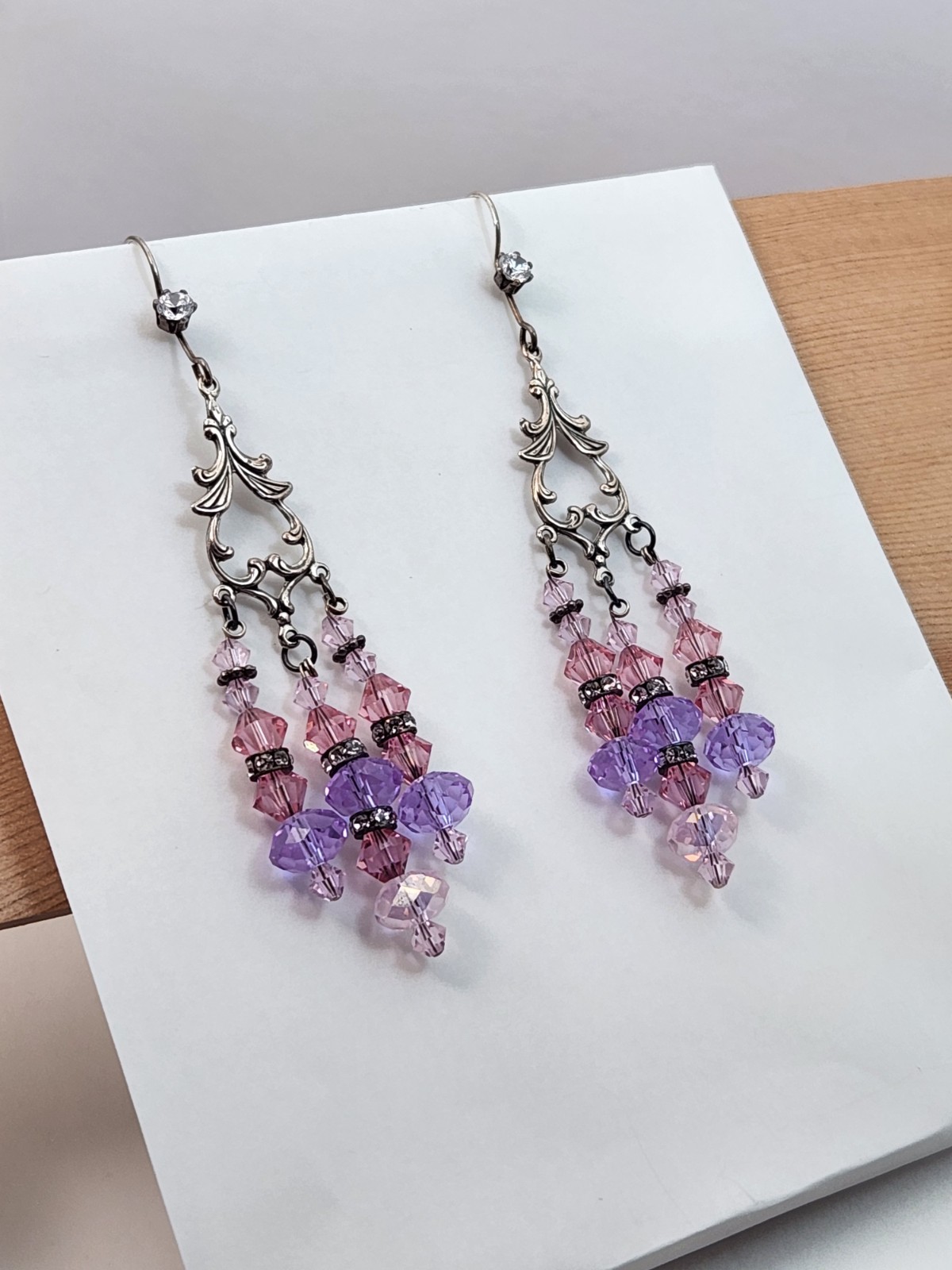 Sterling Silver Crystal Beaded Chandelier Earrings Dangle Drop Pink Purple Clear