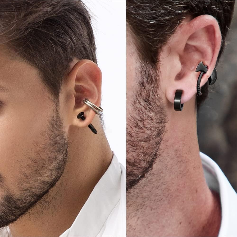 15 Pairs Punk Style Earrings Set for Women and Men, Black Stainless Steel Gothic