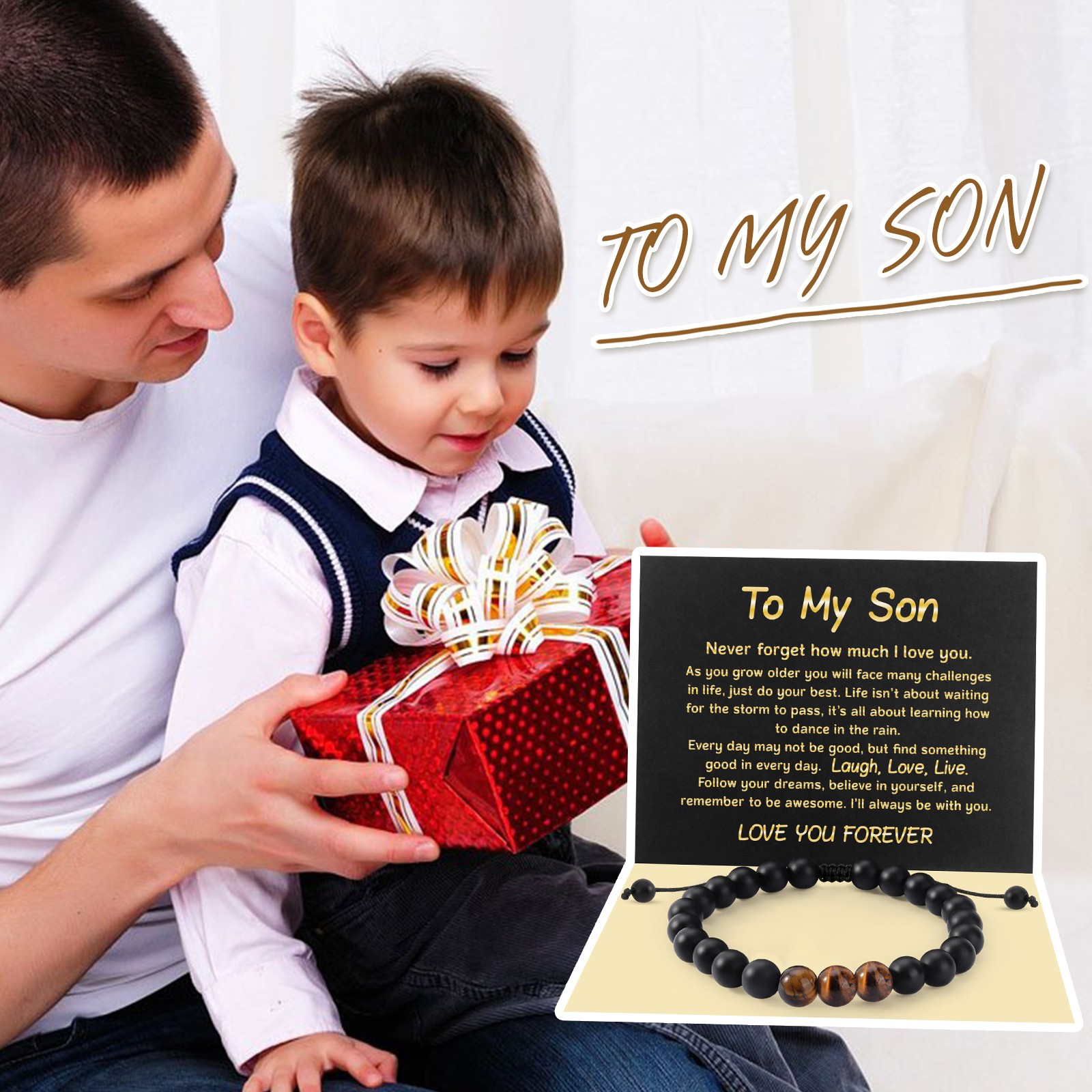 To My Son Natural Stone Bracelet Boys Men Birthday Graduation Gift from Mom Dad