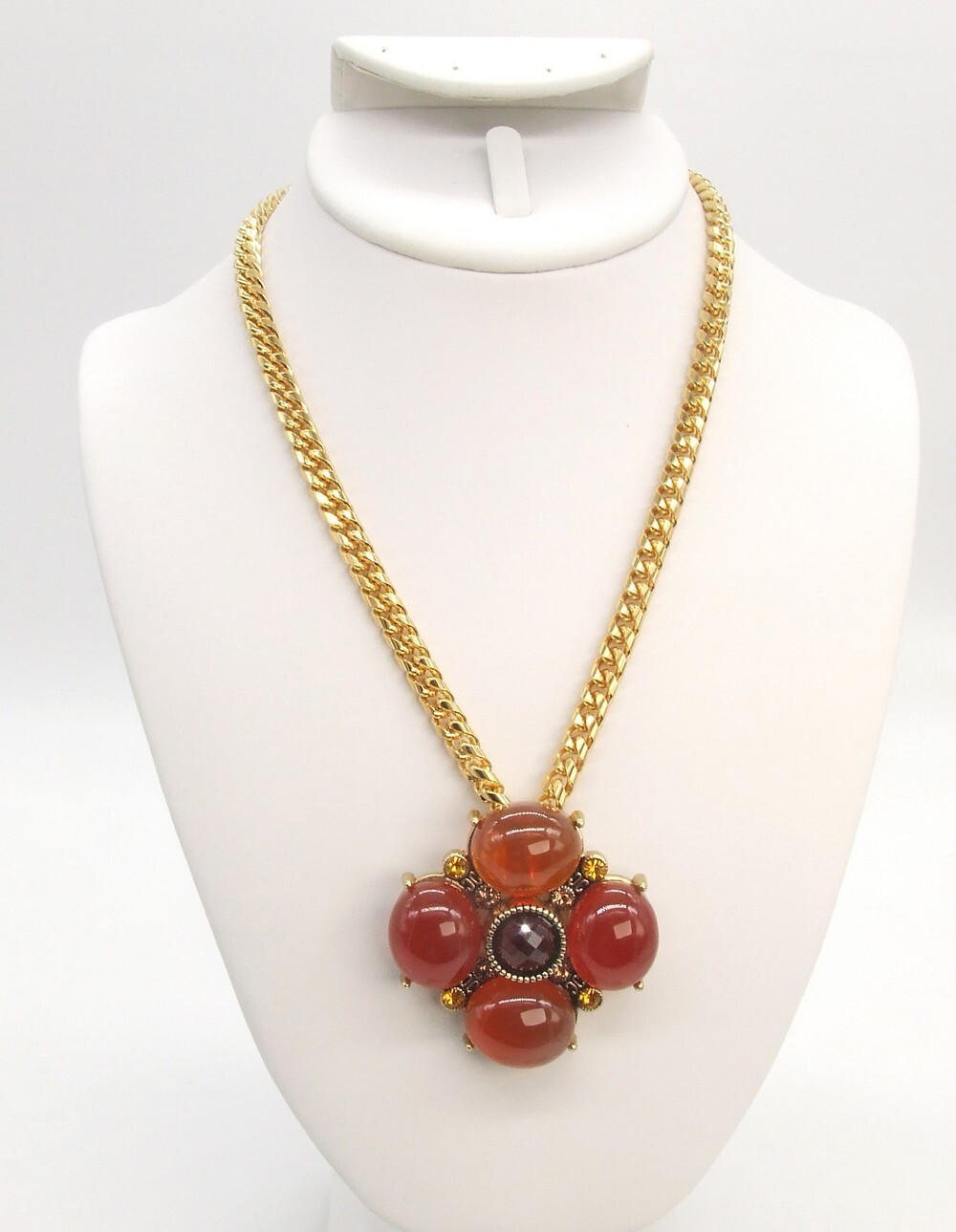 Gold-P Faux Amber Gripoix Style Cabochon & Crystal Pendant/Pin Choker/Necklace