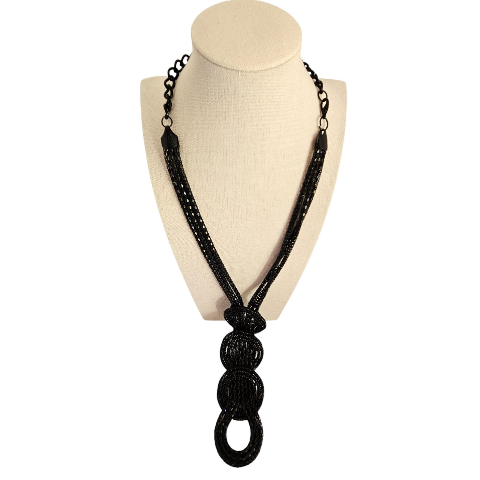 Black Bead Braided Muti Stand Statement Necklace Adjustable 16″ to 23″