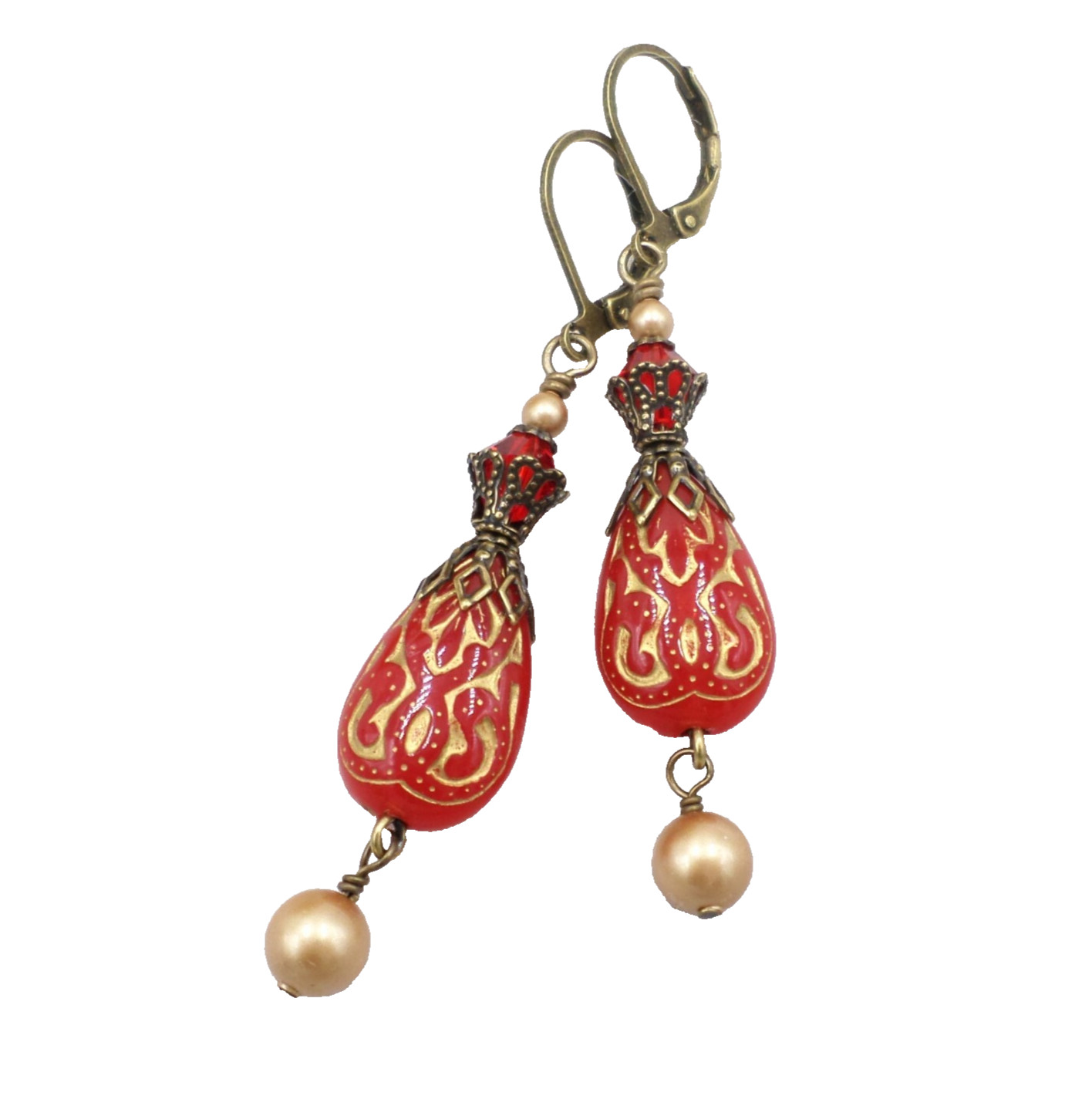 Victorian Style Red Bead Earrings Brass Filigree Acrylic & Gold Bead Jewelry