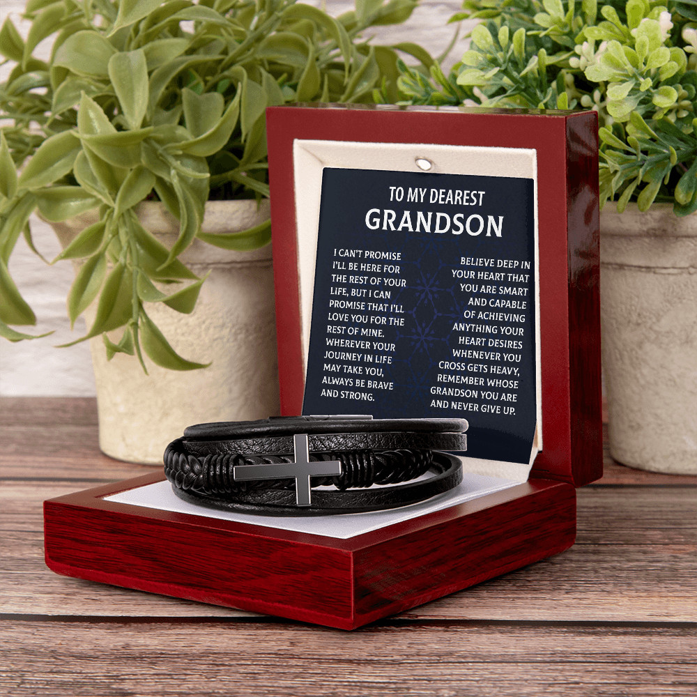 To My Dearest Grandson Cross Bracelet Christmas Birthday Graduation Gift for Men