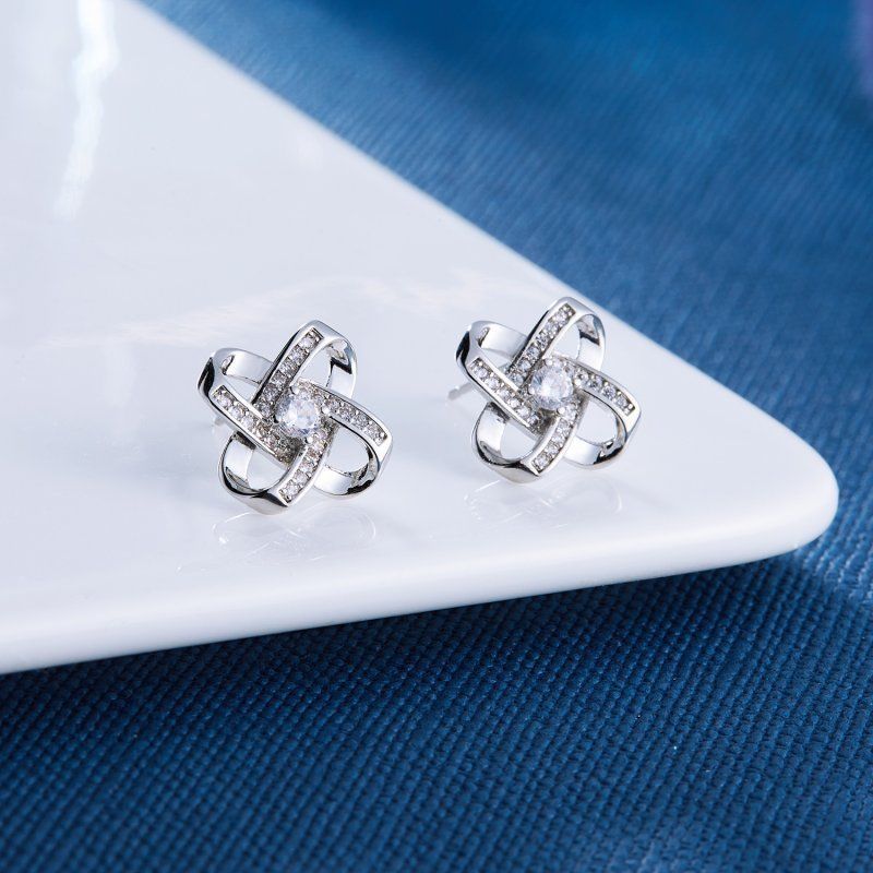 Pretty New White Gold Plated Silver Clear CZ Accented Love Knot Stud Earrings