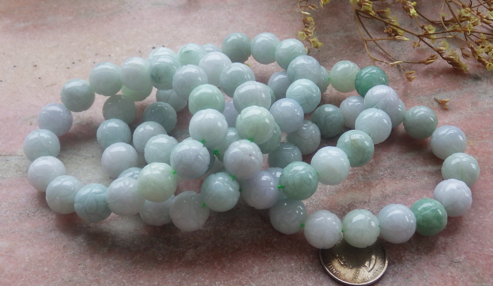 1 piece Green A JADE Jadeite Beads Bangle Lotus Flower Bracelet 7 inches 734353