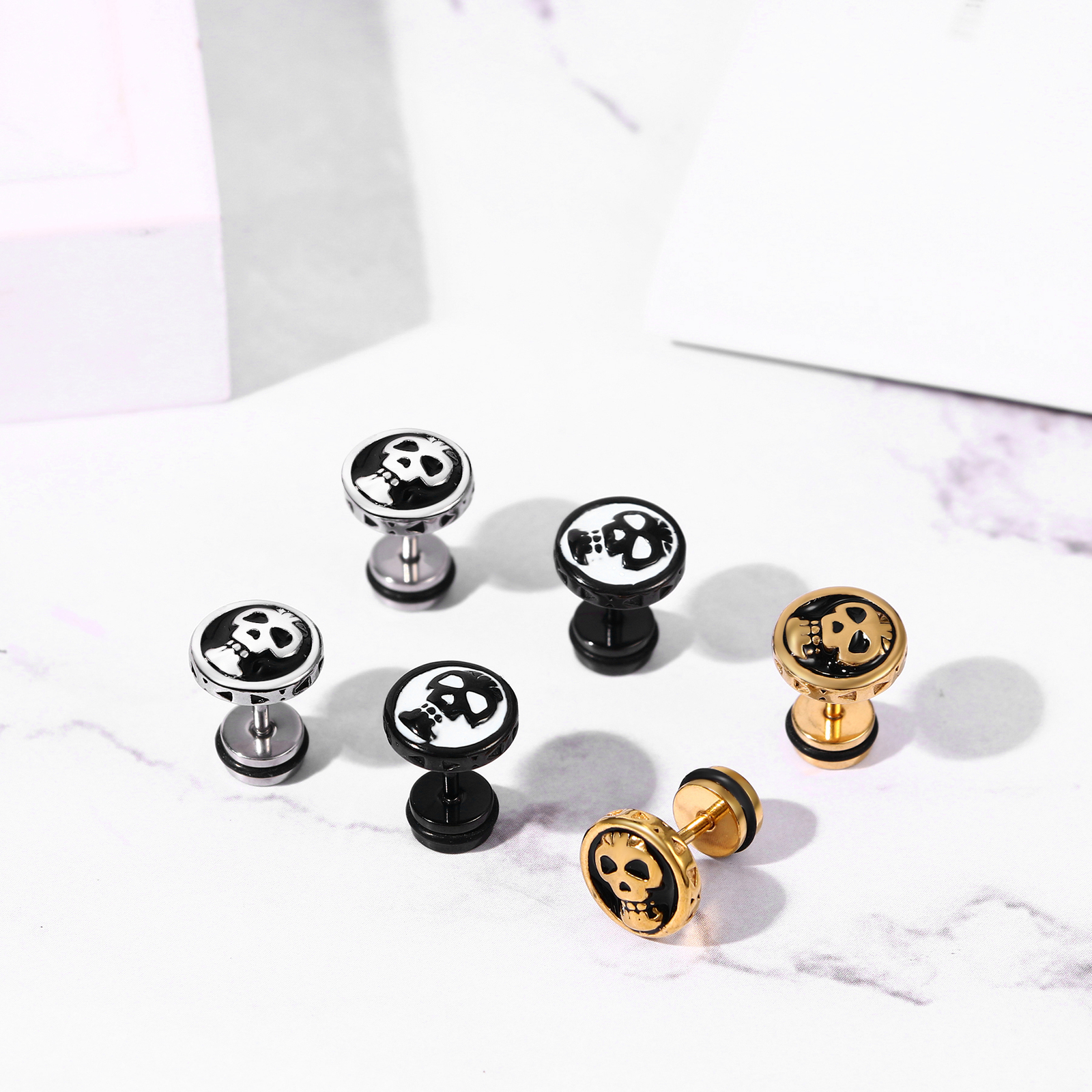 Gothic Punk Skull Stud Earrings For Men Women Stainless Steel Screw Back