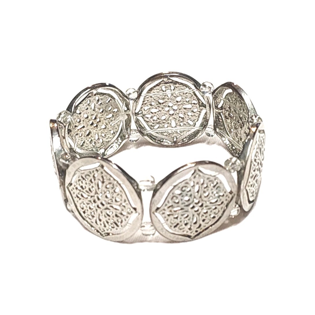 Silver Tone Filigree Round Coin Medallion Stretch Cuff Bangle Bracelet 7″ Boho
