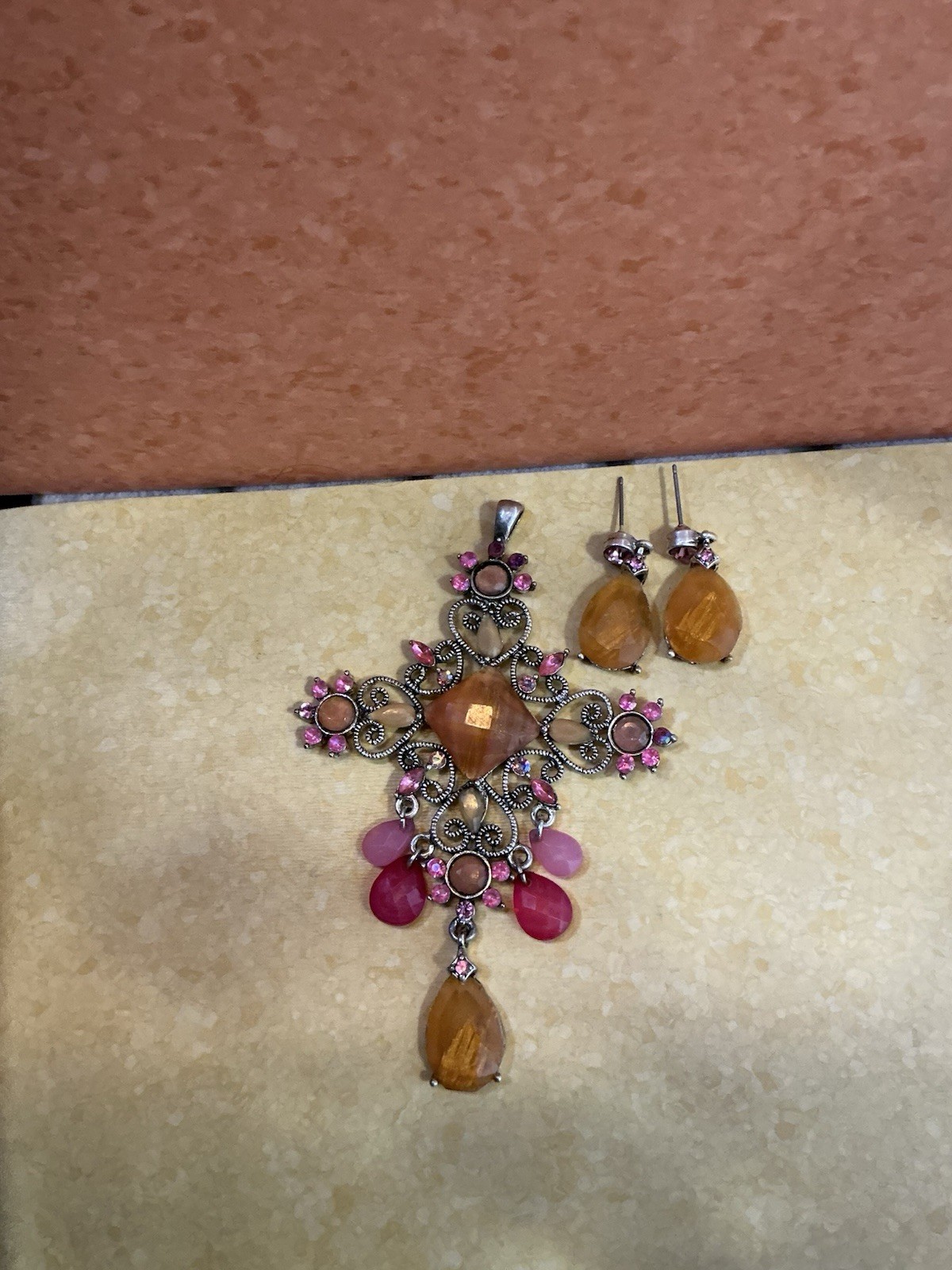 Edwardian Inspired Christian Cross Pendant & Earrings Pinks Orange Summer GOTH