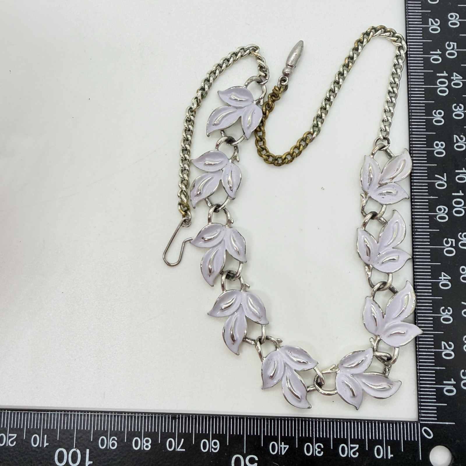 Vintage Coro Necklace, Silver Tone Leaves With Lilac Enamel