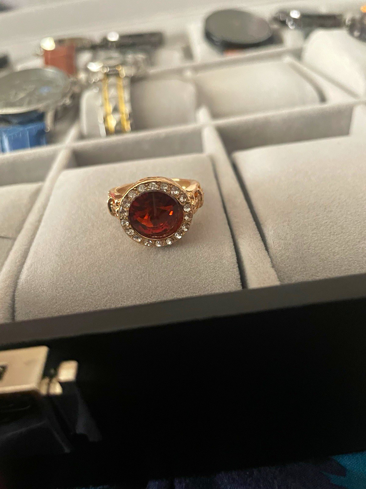 Rose Gold Metal Red Round Stone Halo Cocktail Fashion Ring w/ Clear Accents Sz 7